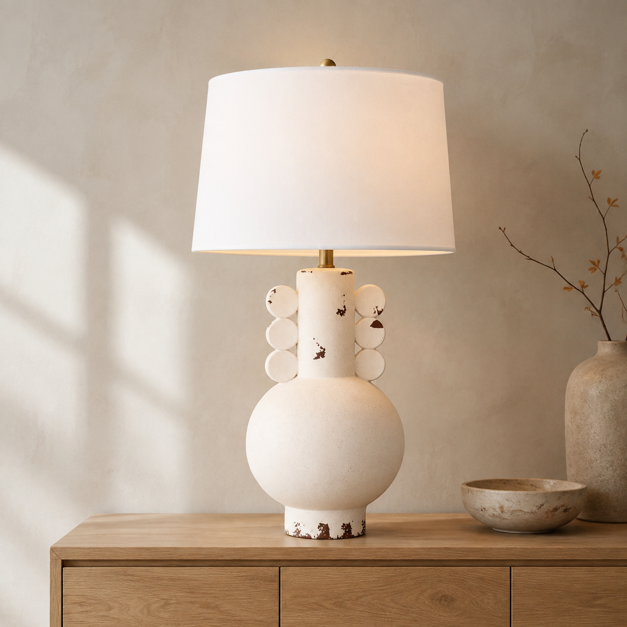 Off White Distressed Lamp White Finial & Harp Shade 69.5X41CM – lifestyle view