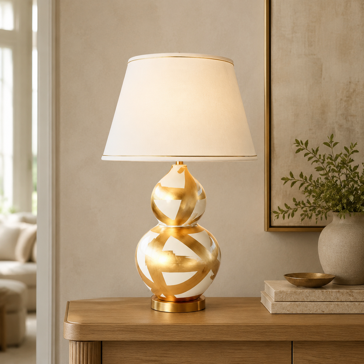 Off White & Gold Painted Lamp Base With Gold Trim Shade 75X45cm – lifestyle view