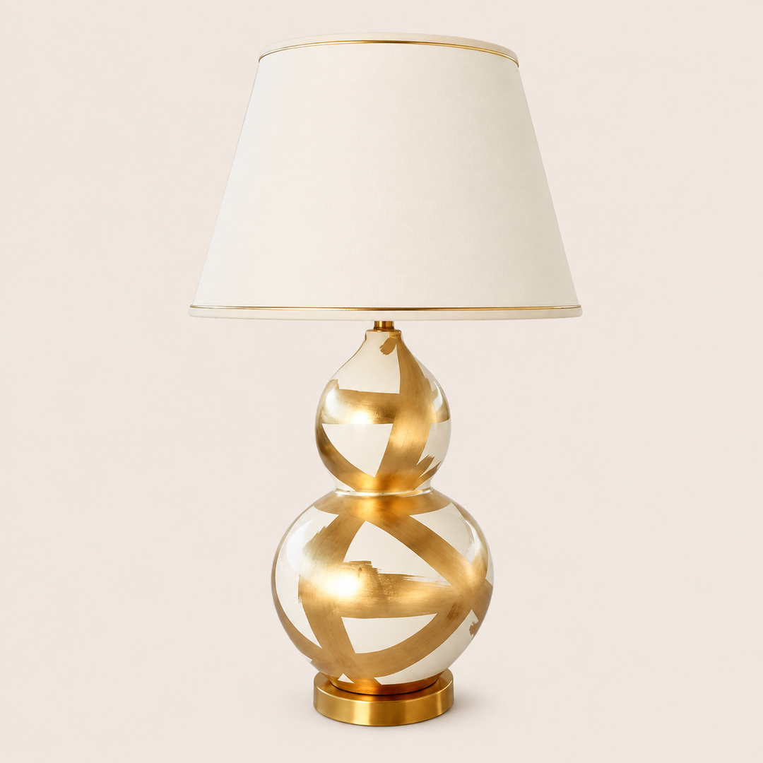 Off White &amp; Gold Painted Lamp Base With Gold Trim Shade 75X45cm – catalogue view