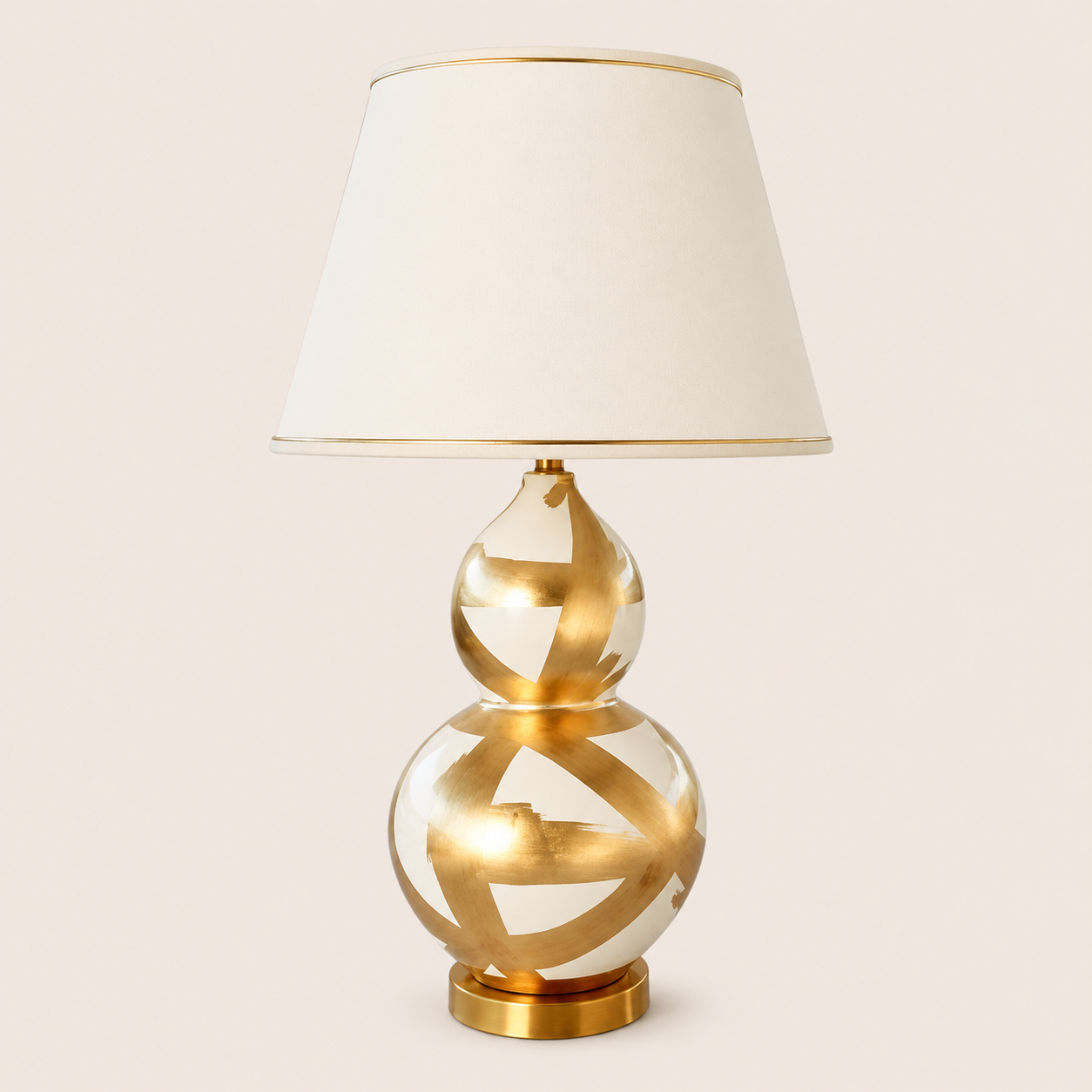 Off White & Gold Painted Lamp Base With Gold Trim Shade 75X45cm – catalogue view