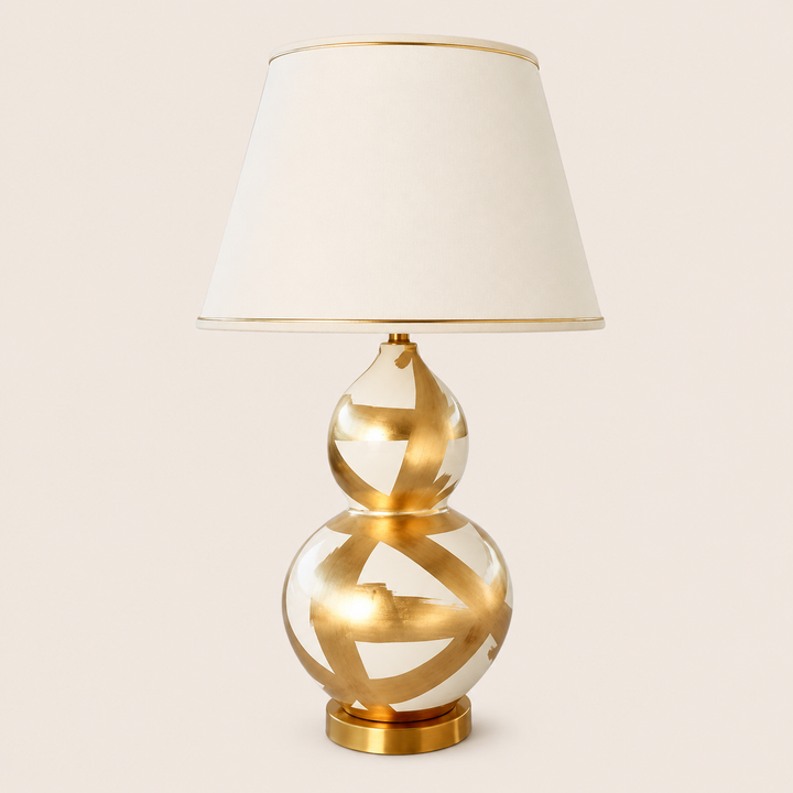 Off White &amp; Gold Painted Lamp Base With Gold Trim Shade 75X45cm – catalogue view
