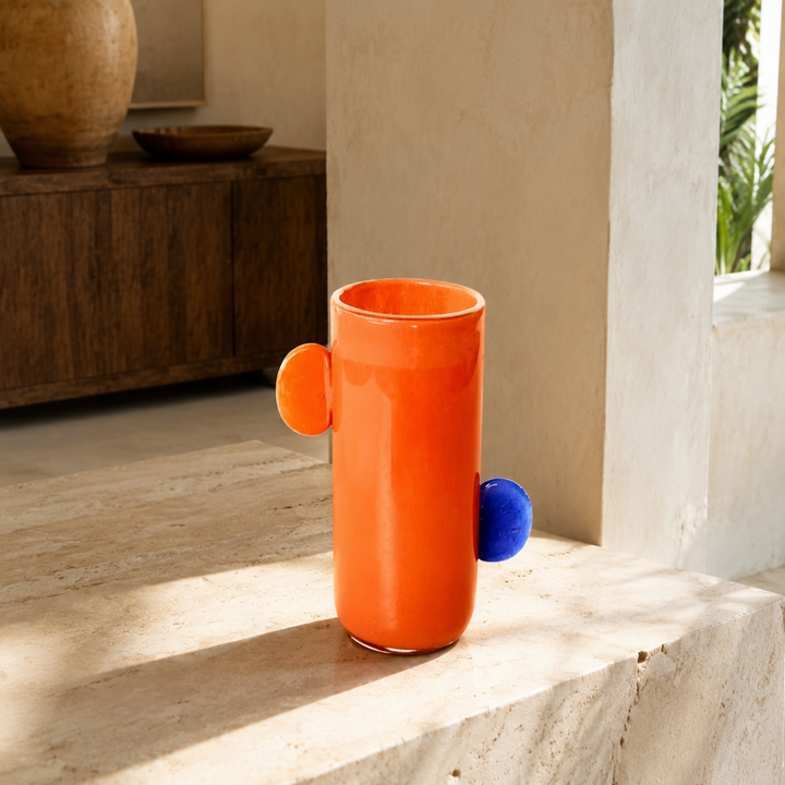 Orange Glass Vase Blue and Orange Handles — luxury interior lifestyle view