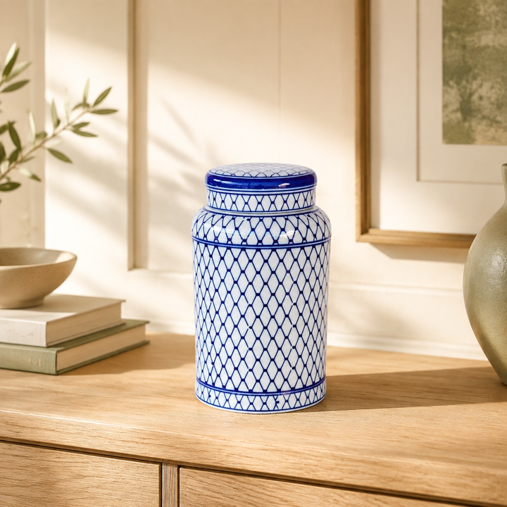 Large Blue &amp; White Jar with Lid 28X16CM lifestyle view