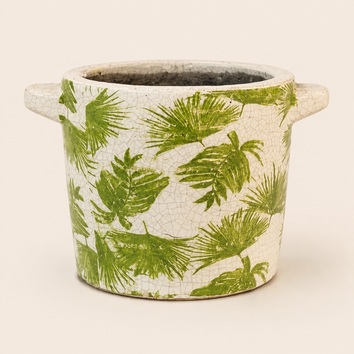 SMALL GREEN LEAF DISTRESSED PLANTER WITH HANDLE catalogue view