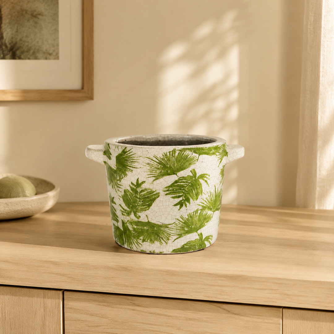 SMALL GREEN LEAF DISTRESSED PLANTER WITH HANDLE lifestyle view