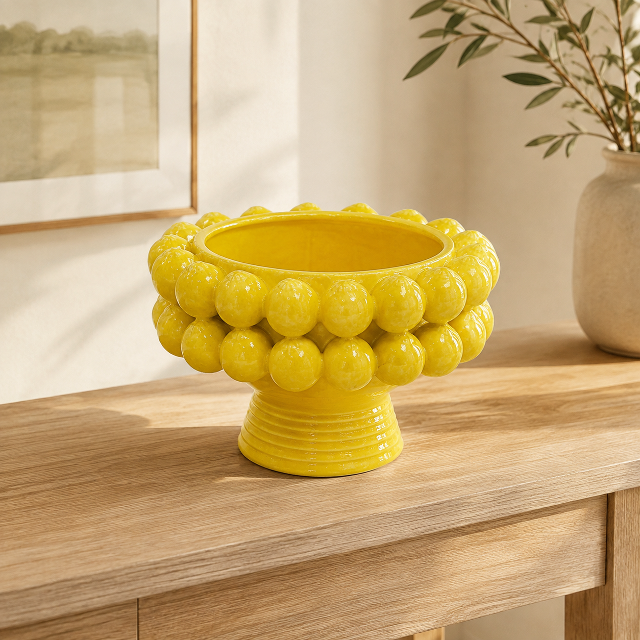 CERAMIC LEMON PEDESTAL BOWL BRIGHT YELLOW lifestyle view