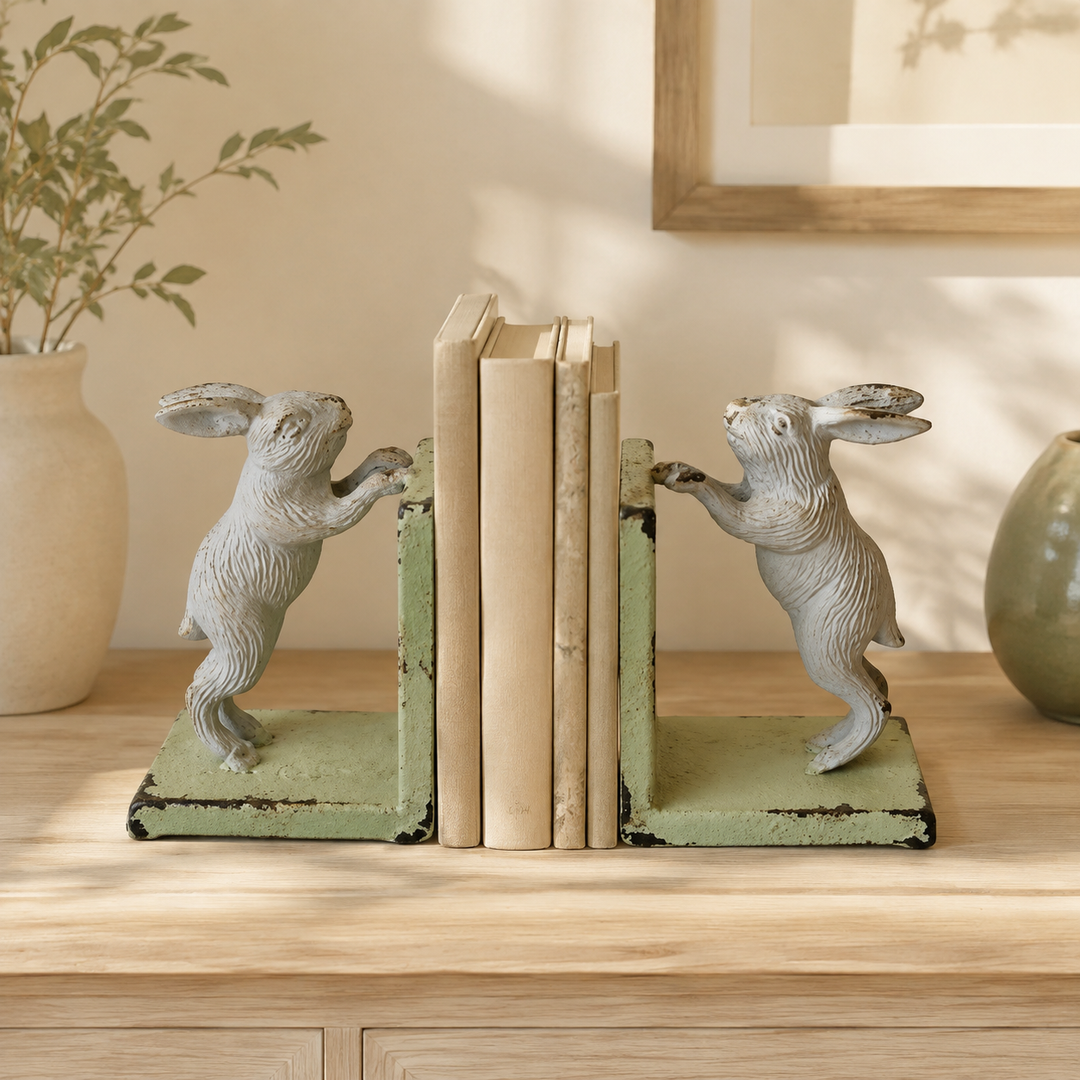 PAIR OF CAST IRON GREEN &amp; GREY BUNNY BOOKENDS 15X22.5X9CM lifestyle view