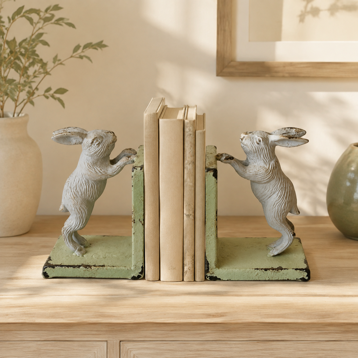 PAIR OF CAST IRON GREEN & GREY BUNNY BOOKENDS 15X22.5X9CM lifestyle view