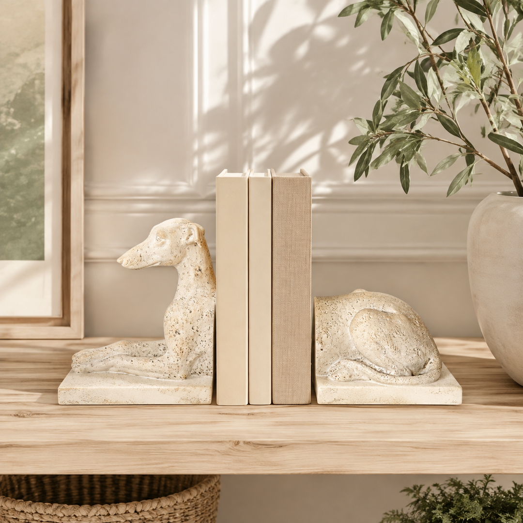 PAIR OF OFF WHITE WHIPPET BOOKENDS 16X30X9CM lifestyle view