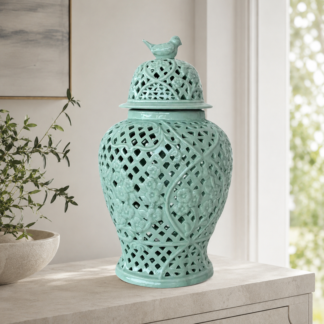 Large Pale Green Cut Out Ginger Jar With Bird Lid 45X28cm – lifestyle view