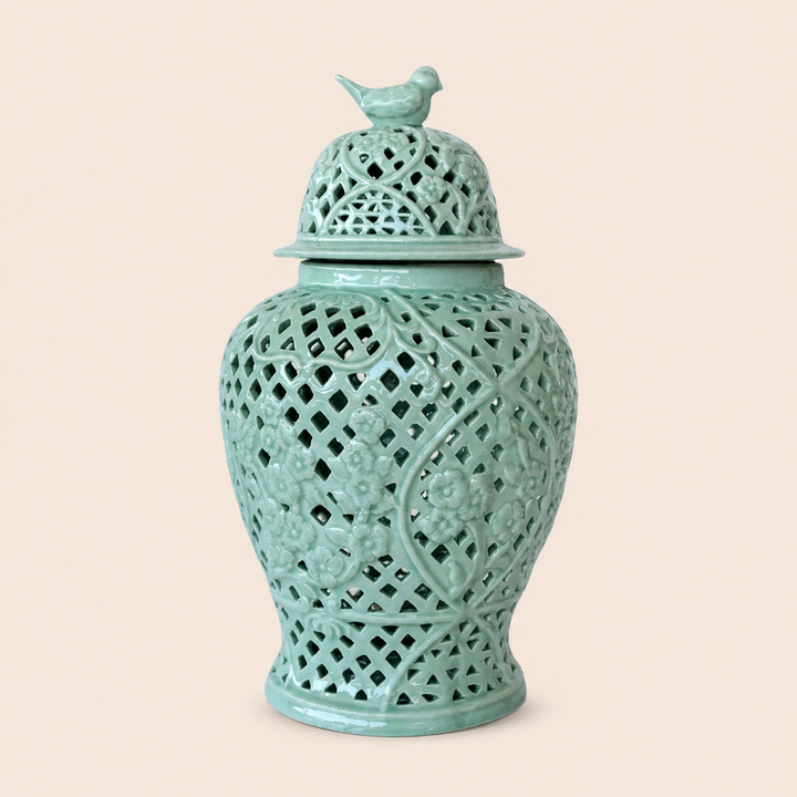 Large Pale Green Cut Out Ginger Jar With Bird Lid 45X28cm – catalogue view