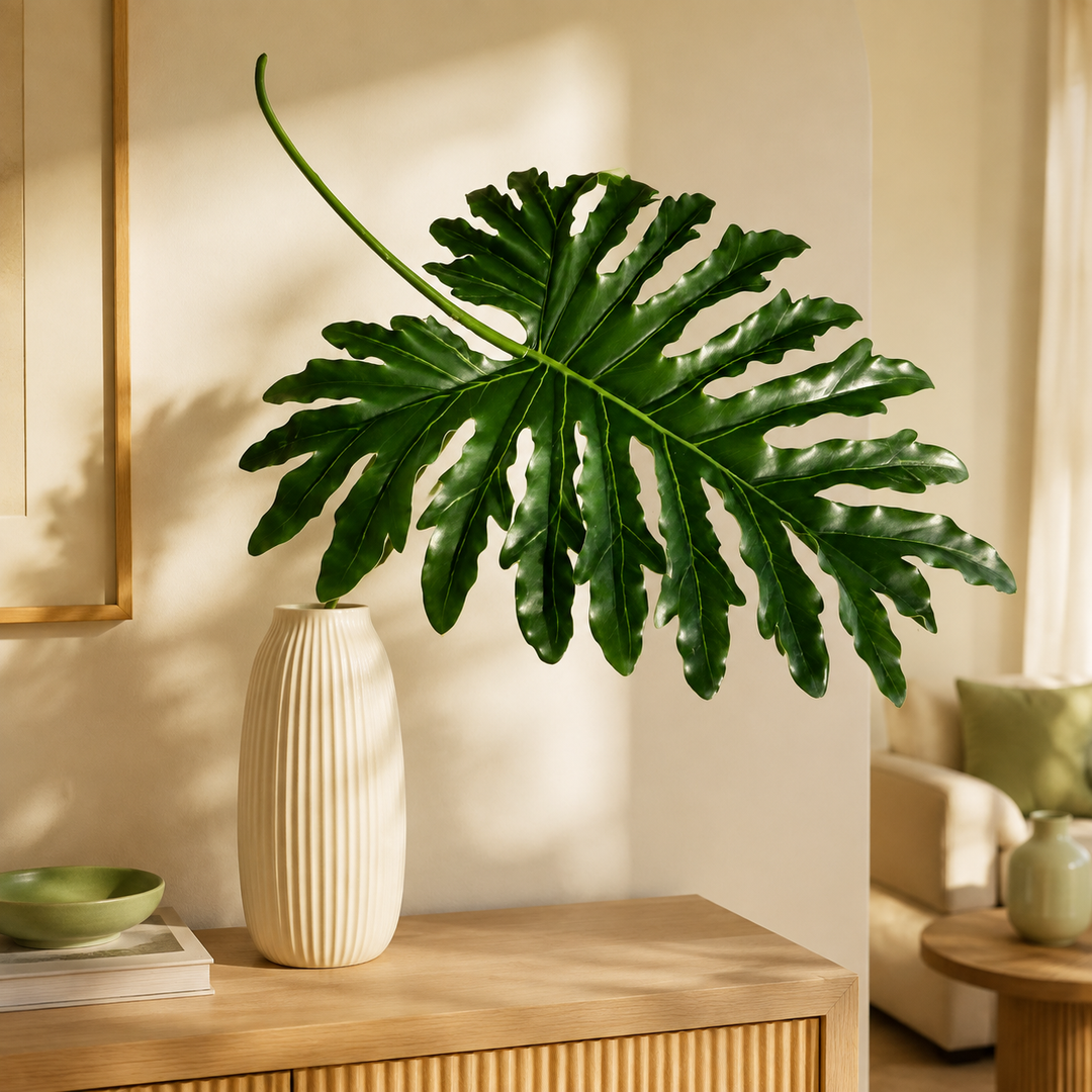 Philodenron leaf styled in a warm interior