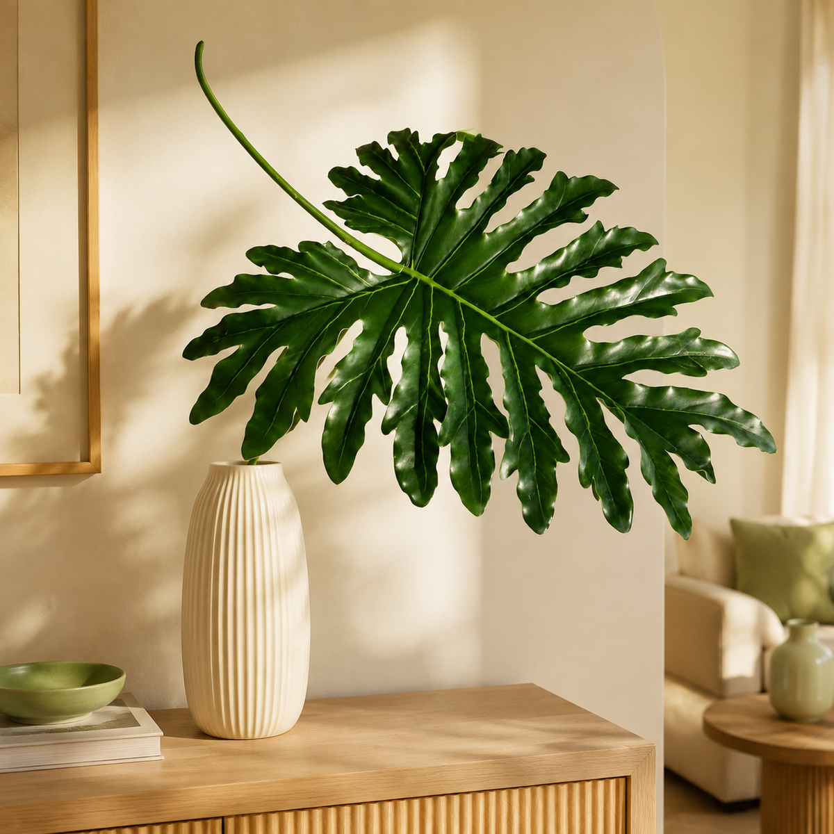 Philodenron leaf styled in a warm interior