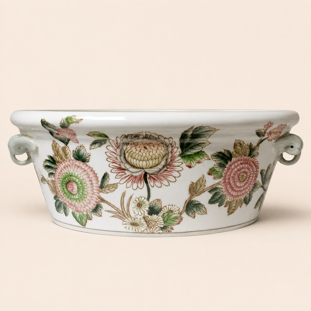 Pink Anthos porcelain footbath on warm beige background