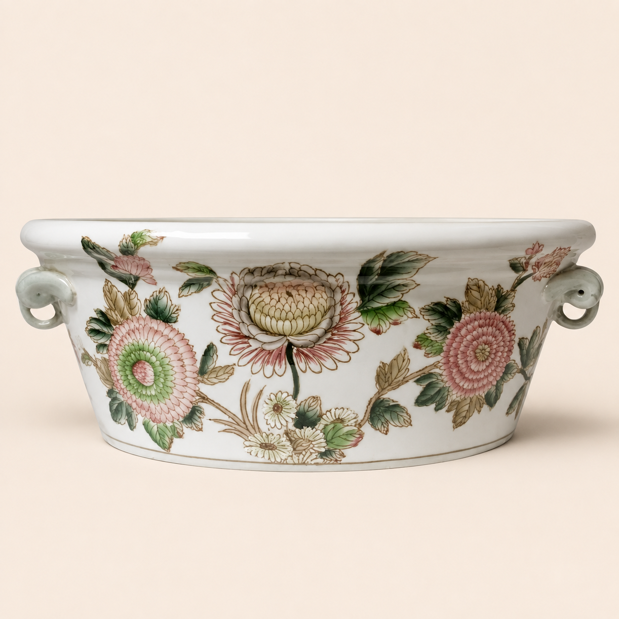 Pink Anthos porcelain footbath on warm beige background