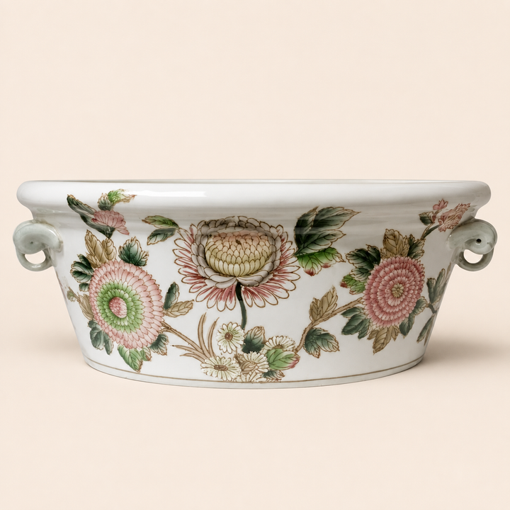 Pink Anthos porcelain footbath on warm beige background