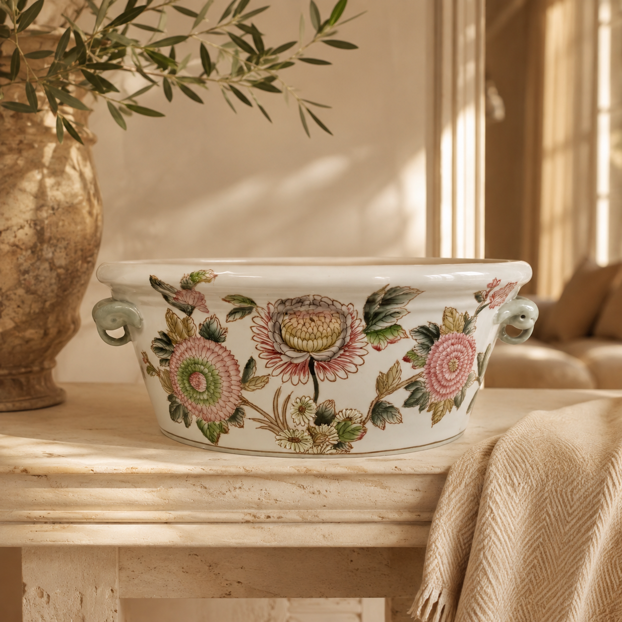 Pink Anthos porcelain footbath in warm luxury interior