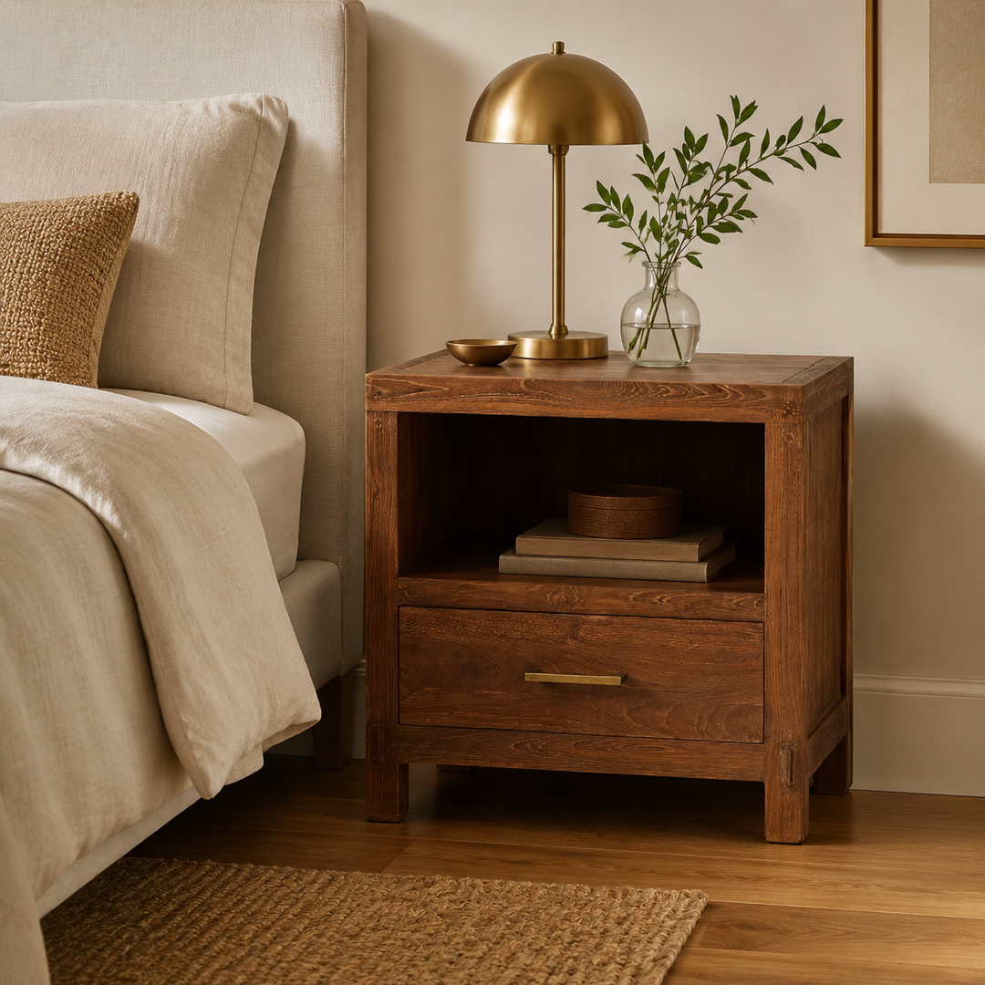 Redcliff Red Oak Pedestal — luxury bedroom lifestyle
