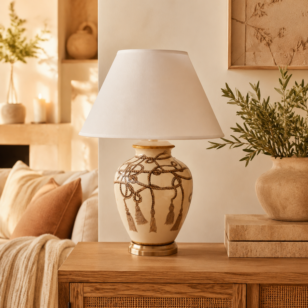 Rope tassel lamp with off-white shade in warm luxury interior