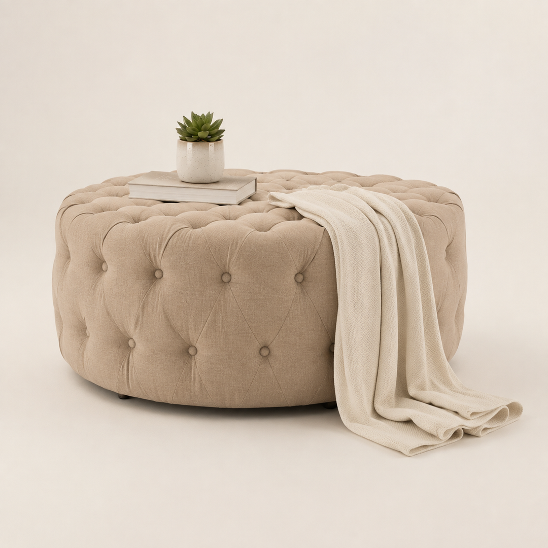 Round Deep Button Ottoman — opposite three-quarter view
