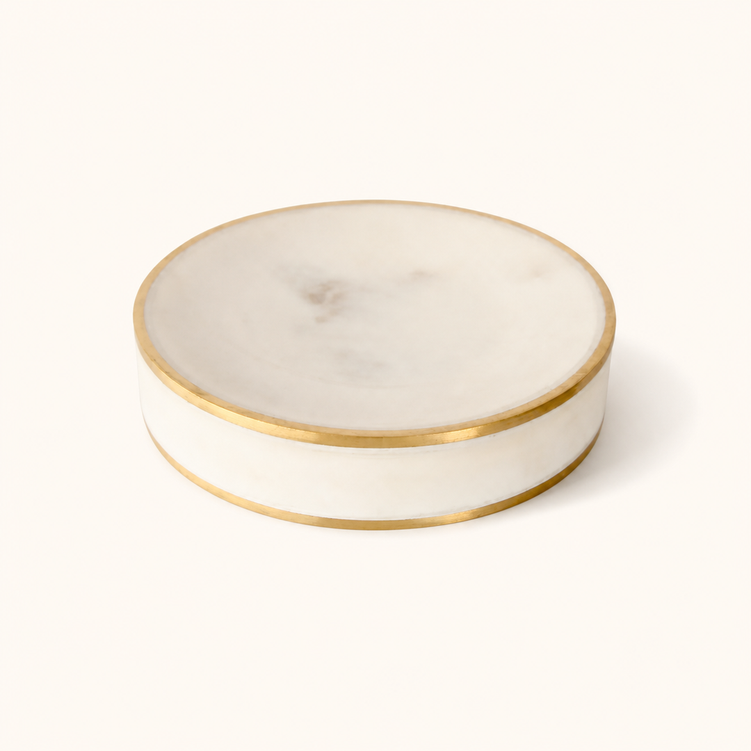 ROUND MARBLE SOAP DISH BRASS EDGE 13CM DIAM - catalogue