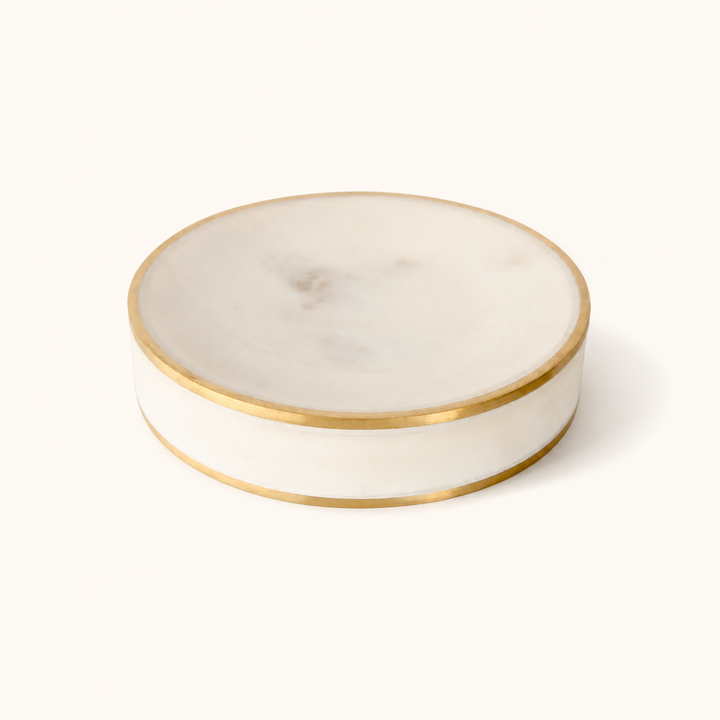 ROUND MARBLE SOAP DISH BRASS EDGE 13CM DIAM - catalogue