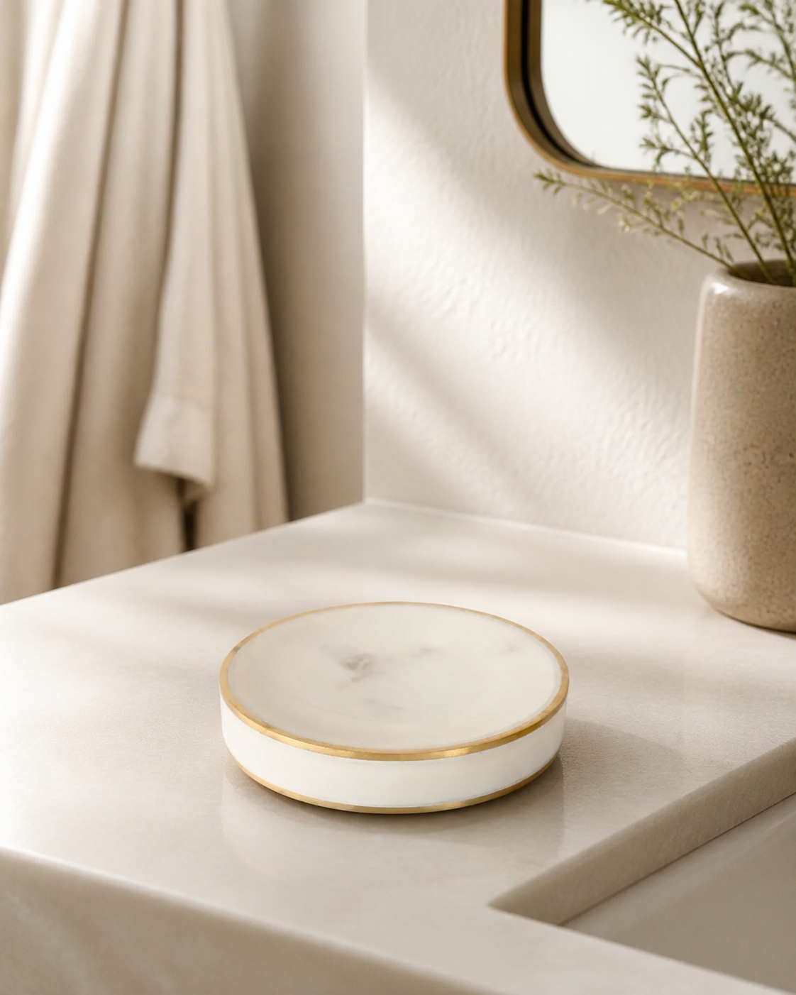 ROUND MARBLE SOAP DISH BRASS EDGE 13CM DIAM - luxury lifestyle