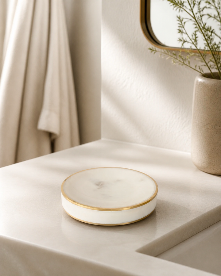 ROUND MARBLE SOAP DISH BRASS EDGE 13CM DIAM - luxury lifestyle