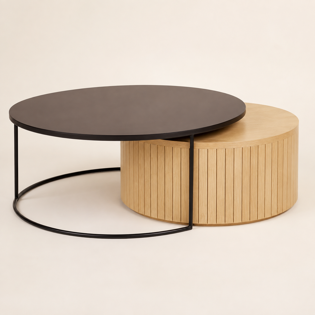 Sagebrook Oak and Black Mdf Coffee Table Set — opposite three-quarter view