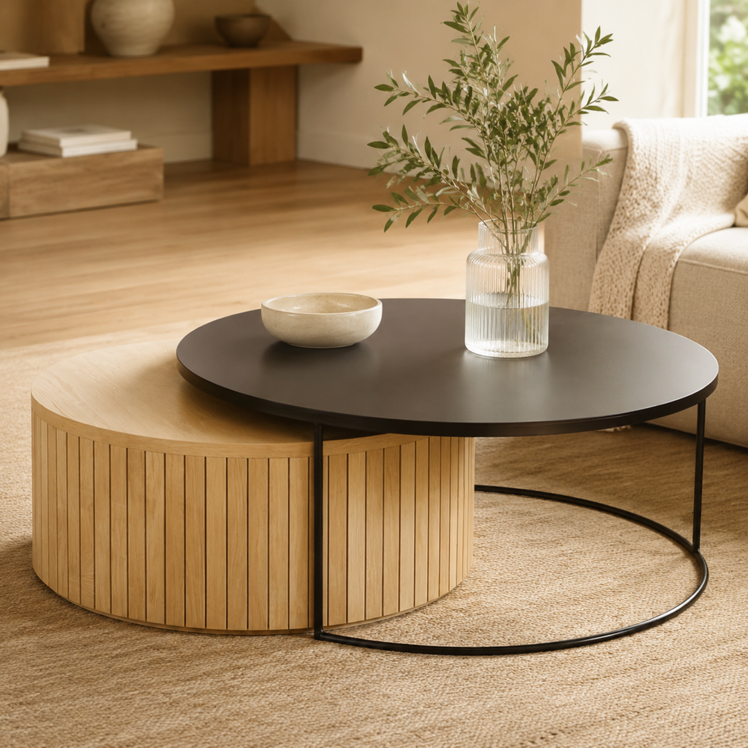 Sagebrook Oak and Black Mdf Coffee Table Set — luxury lifestyle