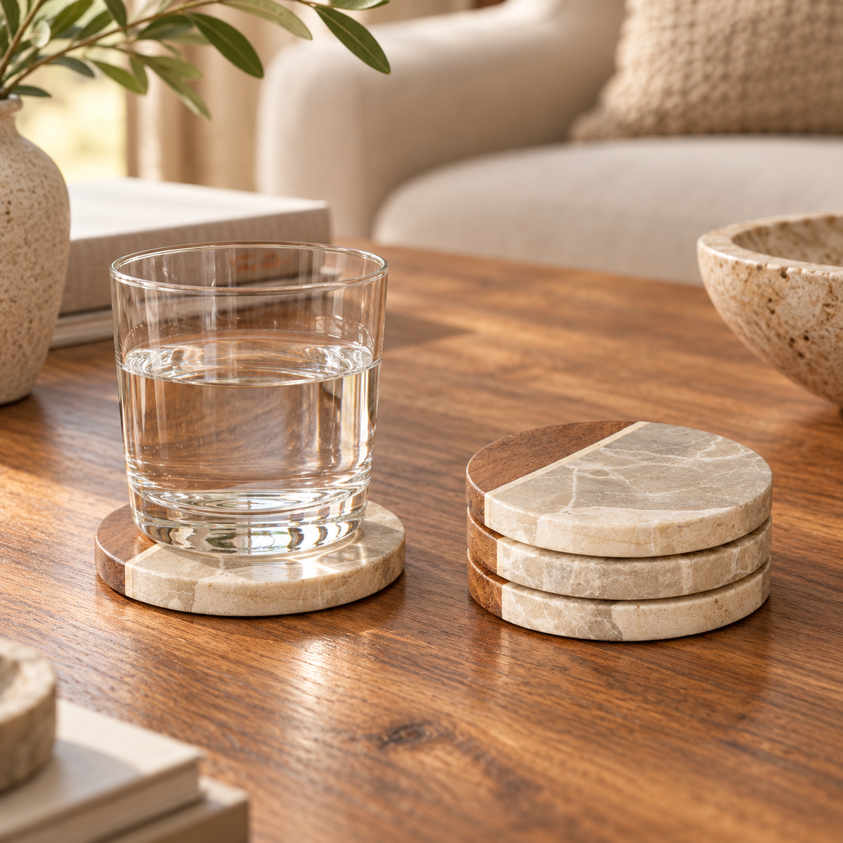 Set of 4 beige marble coasters styled on a solid wood coffee table