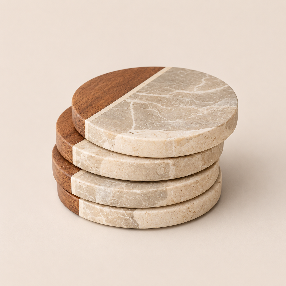 Set of 4 beige marble coasters with warm brown detailing