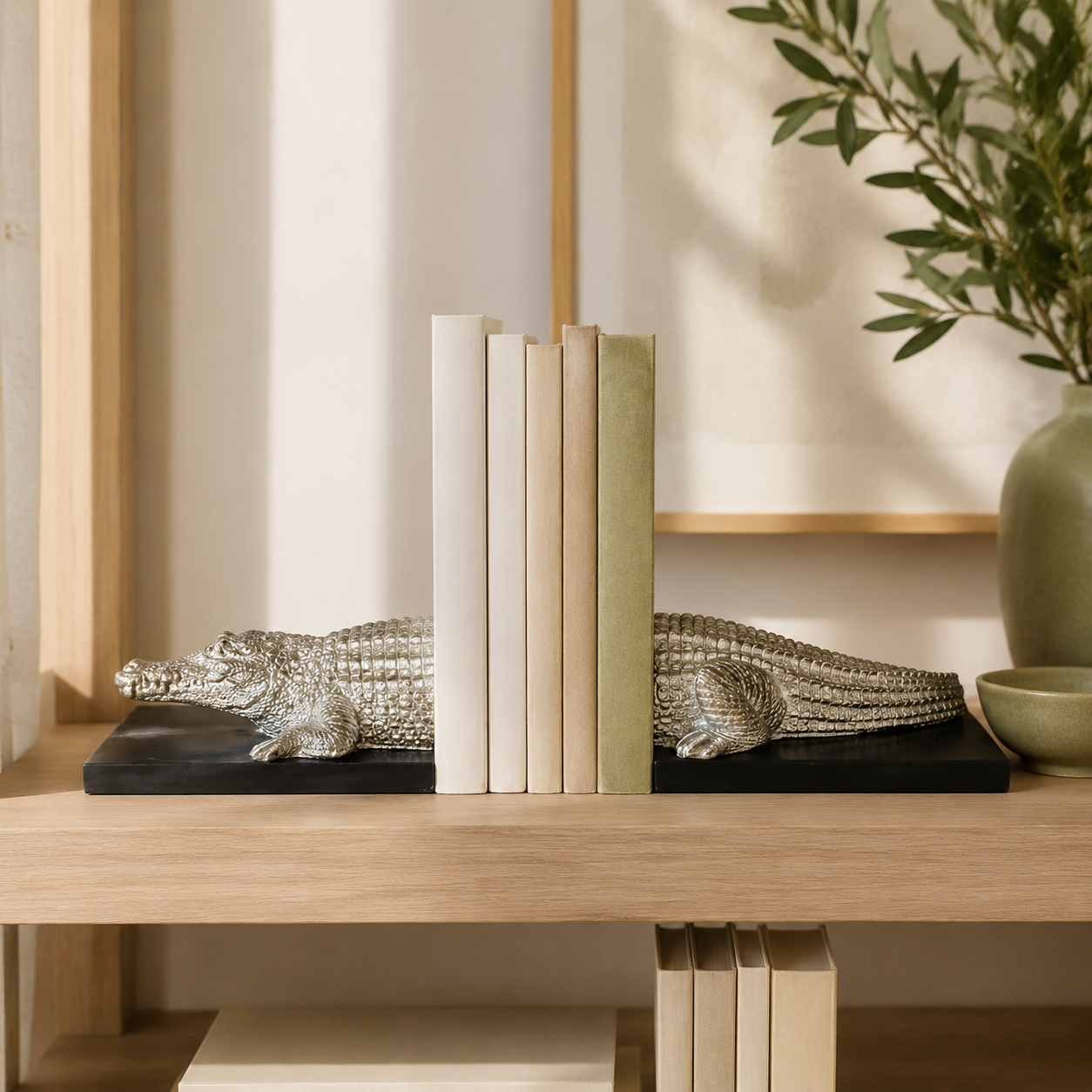 SILVER CROCODILE BOOKENDS PAIR 10X42X12CM lifestyle view