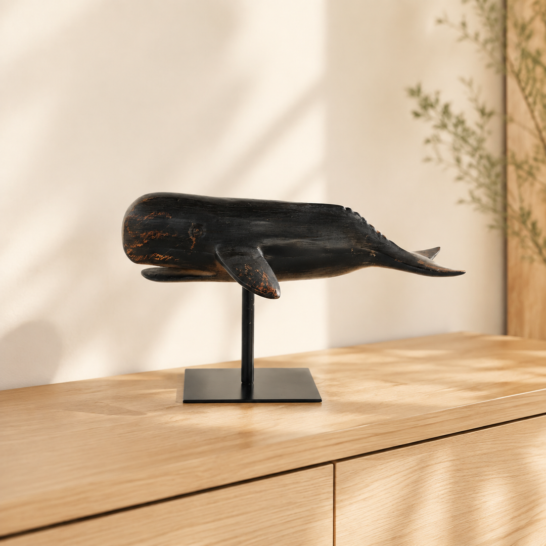 SMALL BLACK WHALE ON STAND 21X21.5X10CM lifestyle view