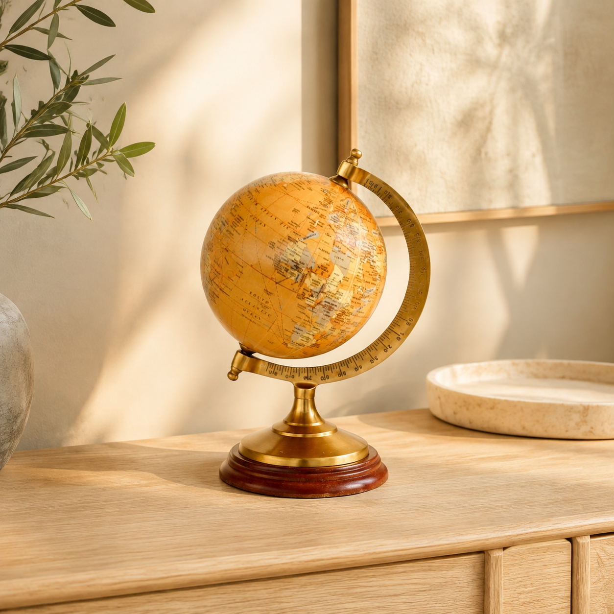 SMALL BRASS & MUSTARD WORLD GLOBE 22X15CM lifestyle view