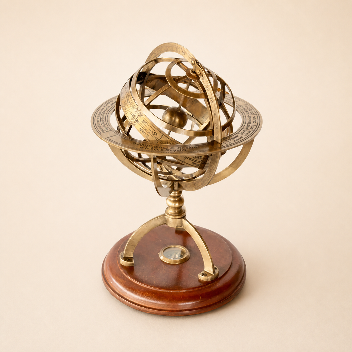 Small brass armillary on warm ivory background