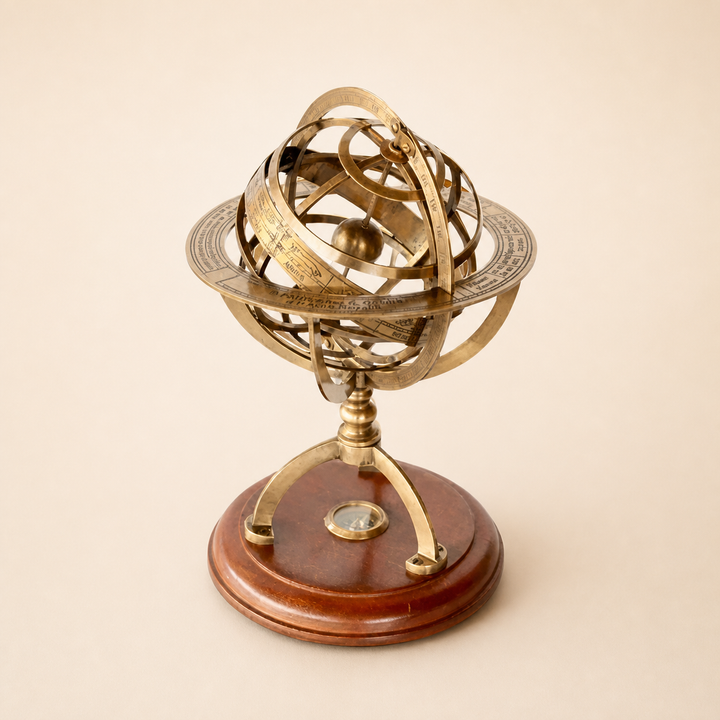 Small brass armillary on warm ivory background