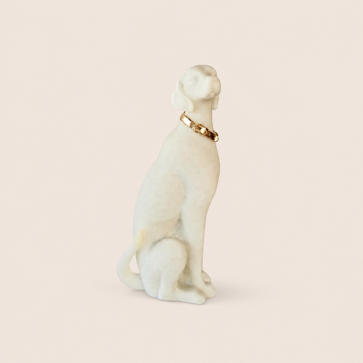 Stone Dog sculpture with gold collar – catalogue view