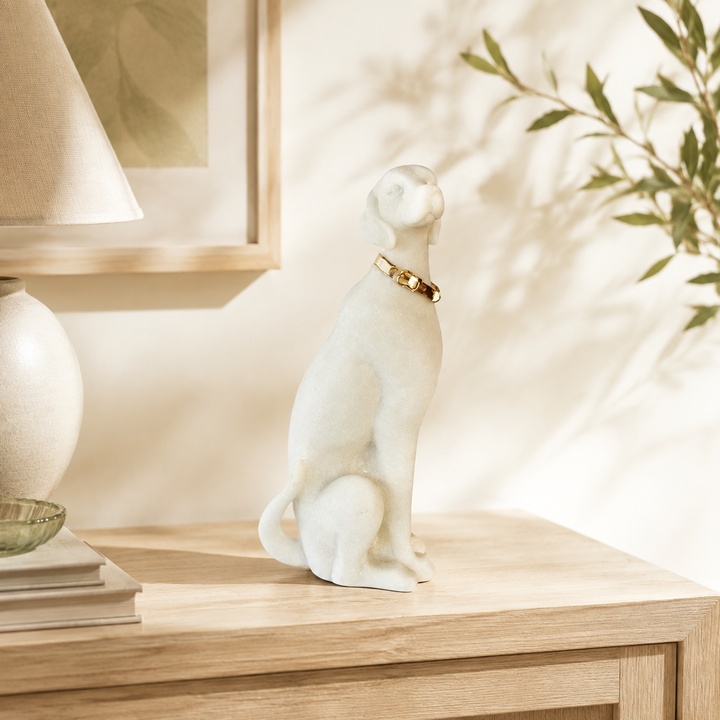 Stone Dog sculpture styled in a warm interior