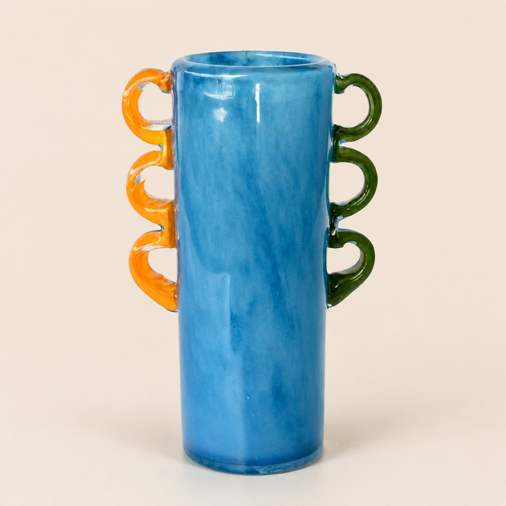 Tall Blue Glass Vase with orange and green handles