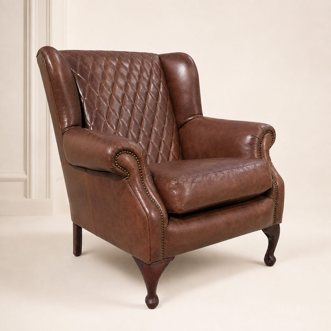 Unique Boys wingback cross stitching occasional chair with leather - opposite three-quarter view