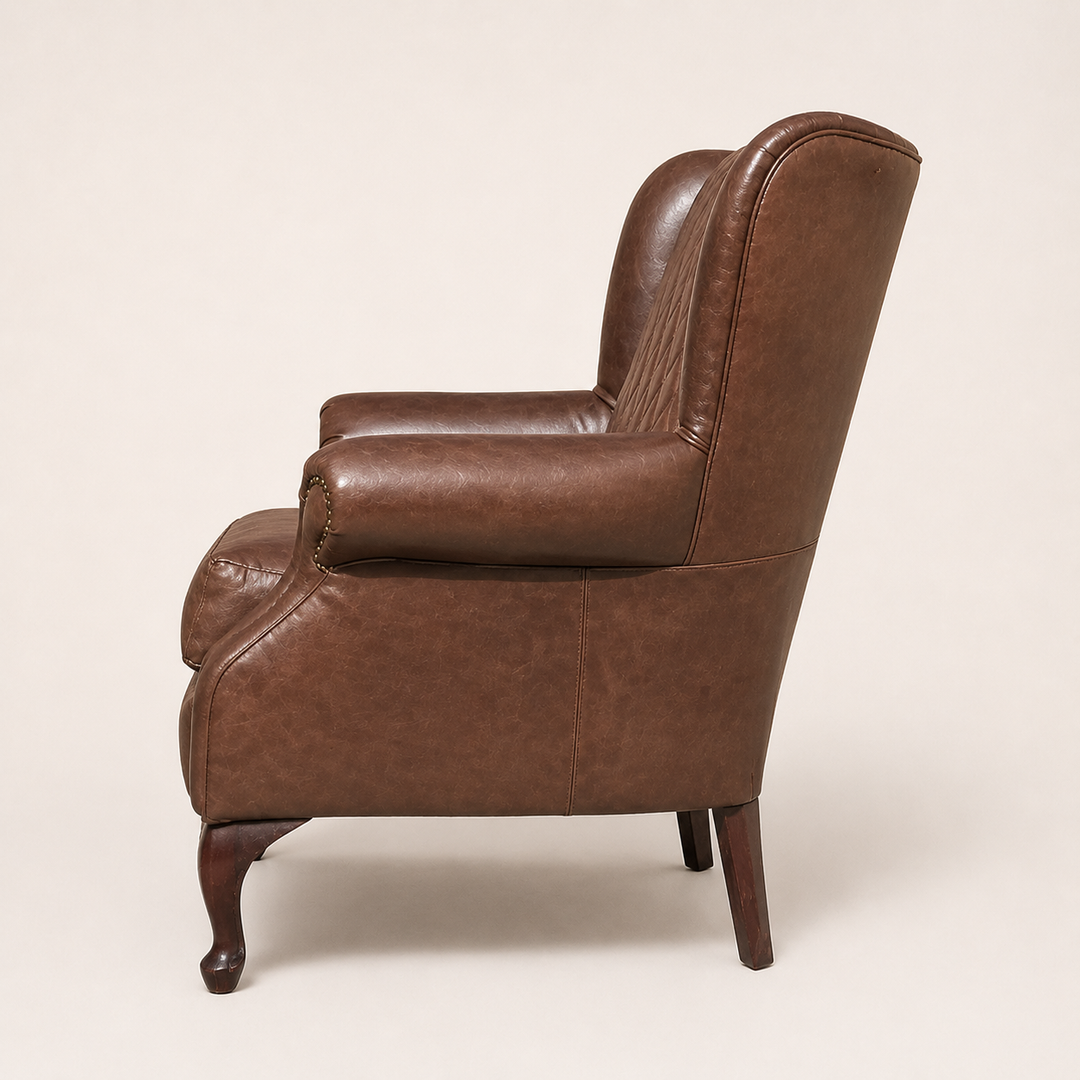 Unique Boys wingback cross stitching occasional chair with leather - side profile