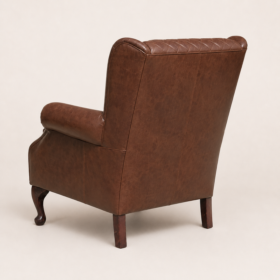Unique Boys wingback cross stitching occasional chair with leather - rear angle