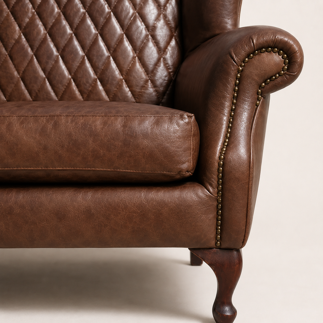 Unique Boys wingback cross stitching occasional chair with leather - craftsmanship detail