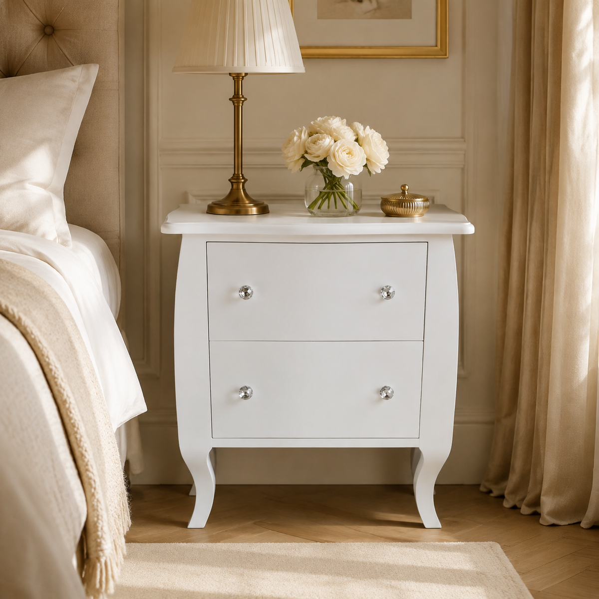 Victor White bedside Table — luxury bedroom lifestyle
