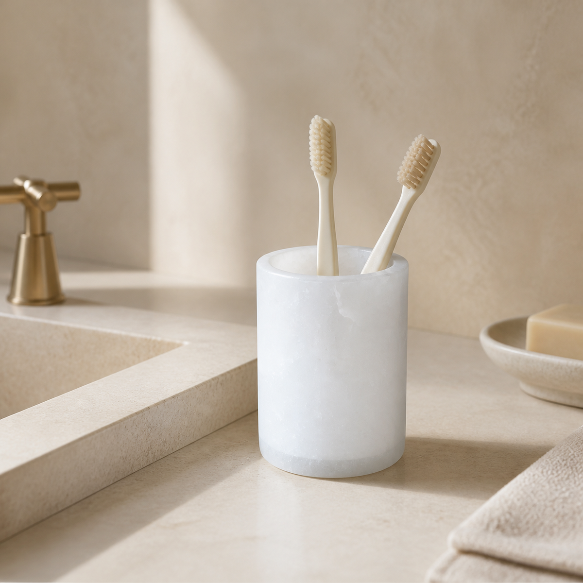 White alabaster marble tumbler lifestyle