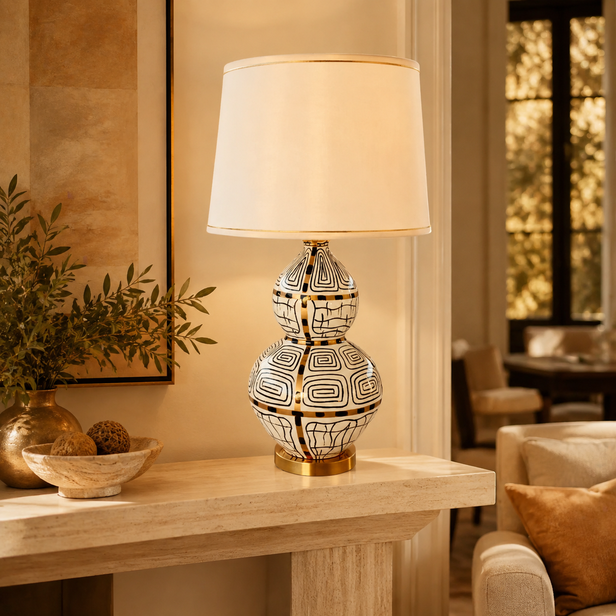 White black and gold squiggle lamp in warm luxury interior