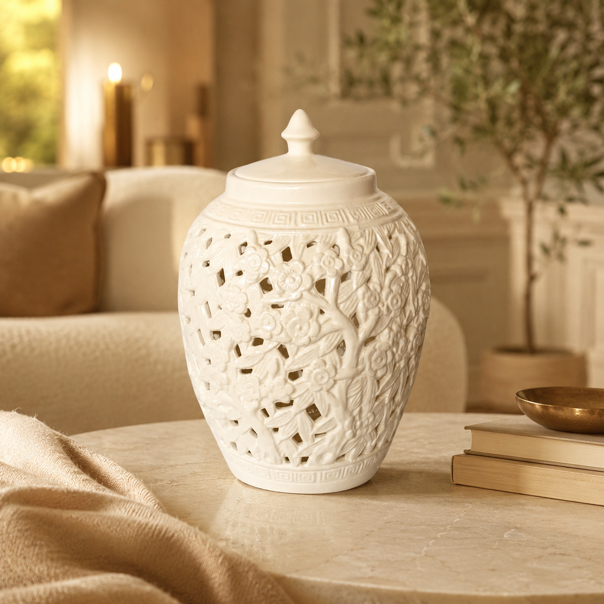 White flower and leaf cut-out barrel jar with lid in warm luxury interior
