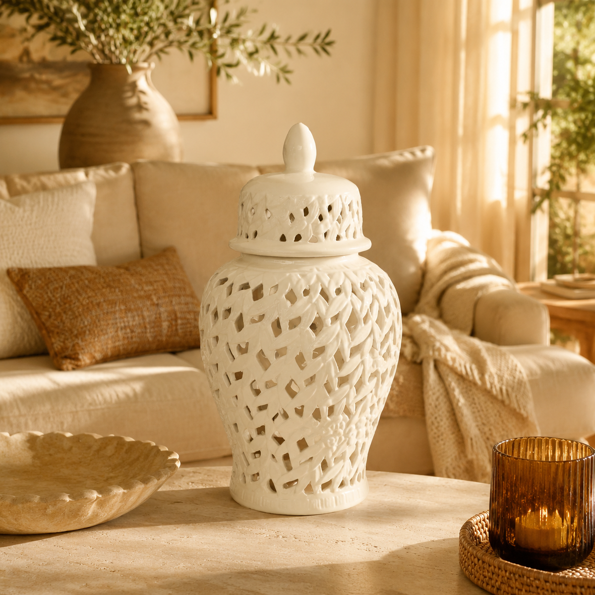 White flower and leaf cut-out ginger jar in warm luxury interior