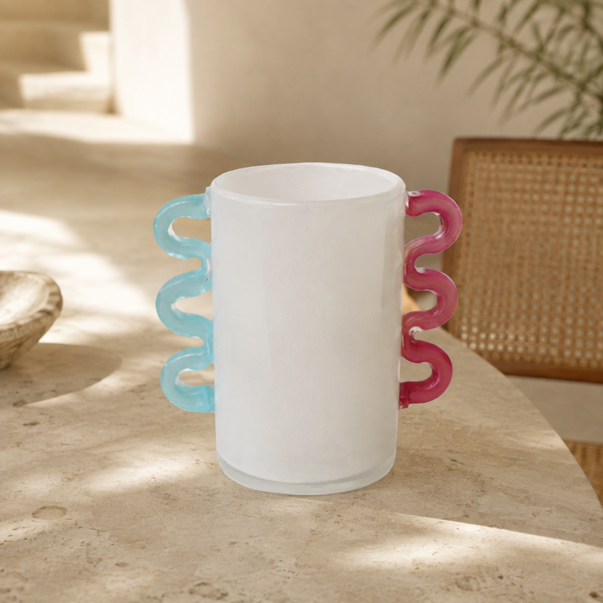 White Frosted Glass Vase Pink Aqua Blue Handles — luxury interior lifestyle view